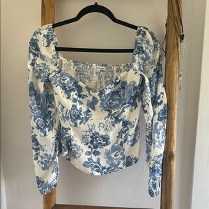 Reformation White and Blue Ruffled Blouse